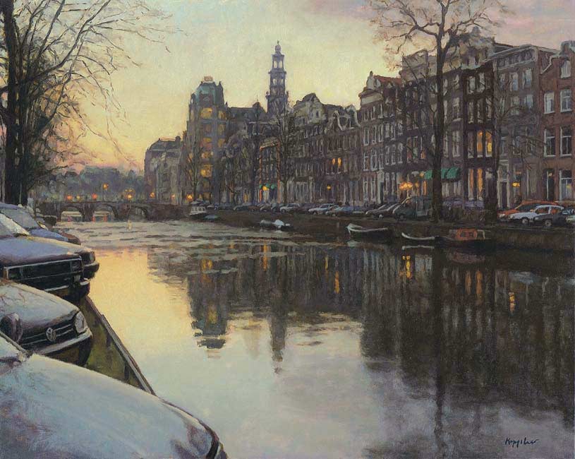 cityscape: 'Dusk at Keizersgracht Canal, Amsterdam' oil on canvas by Dutch painter Frans Koppelaar.