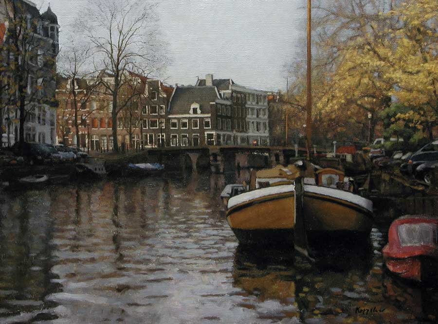 stadsgezicht: 'Woonbotter, Brouwersgracht' olieverf op linnen door kunstschilder Frans Koppelaar.