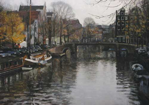 stadsgezicht: 'Brouwersgracht, herfst' olieverf op linnen door kunstschilder Frans Koppelaar.