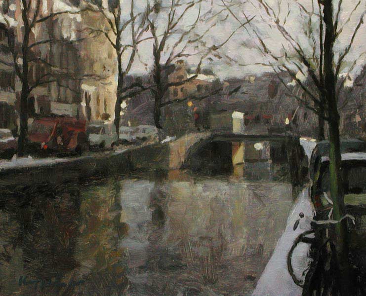 cityscape: 'Brouwersgracht Canal, Amsterdam' oil on panel by Dutch painter Frans Koppelaar.