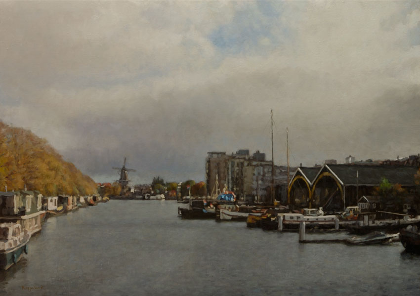 stadsgezicht: 'Nieuwe Vaart, herfst' olieverf op linnen door kunstschilder Frans Koppelaar.