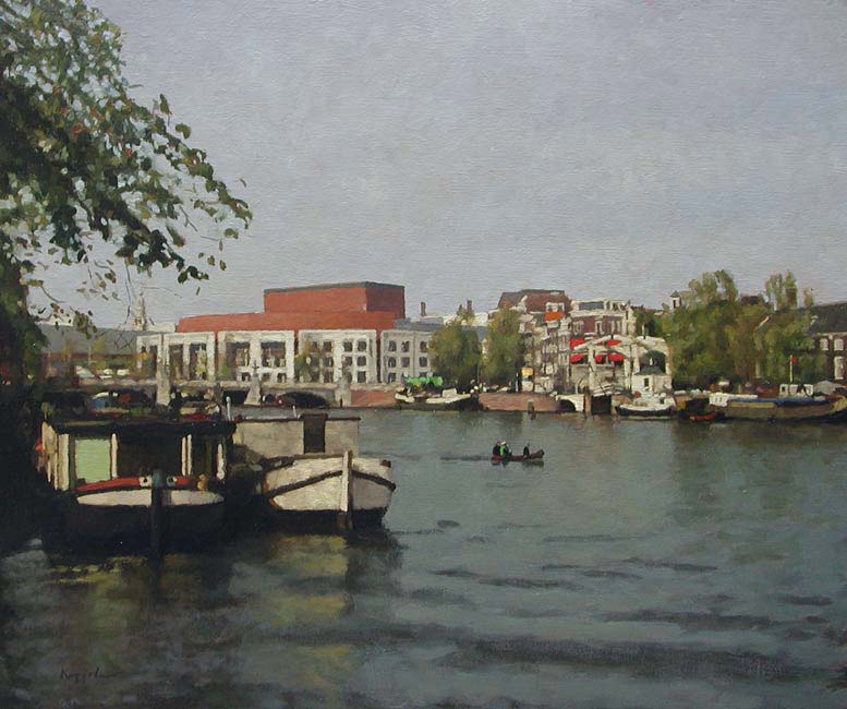 stadsgezicht: 'Boottochtje op de Amstel' olieverf op linnen door kunstschilder Frans Koppelaar.