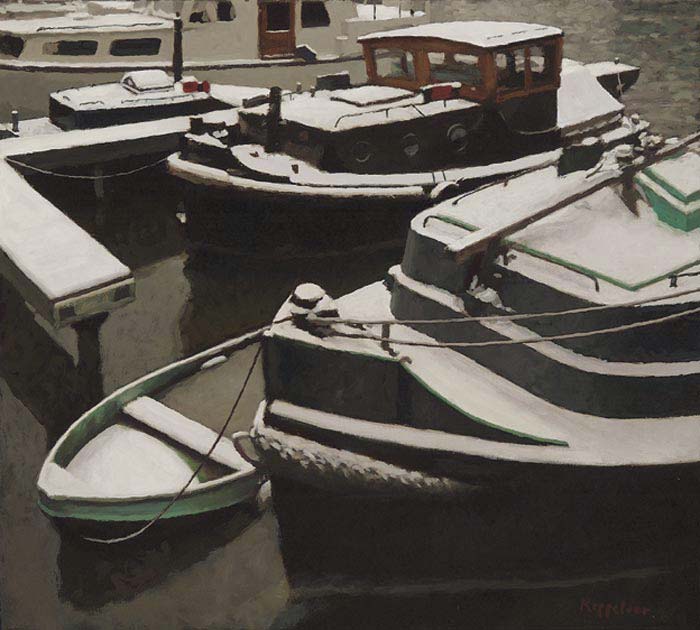 cityscape: 'Little tug boats, winter' oil on canvas by Dutch painter Frans Koppelaar.