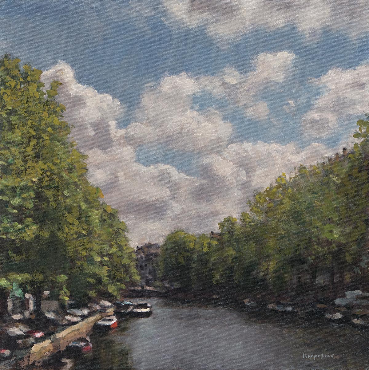 stadsgezicht: 'Gracht in Tegenlicht' olieverf op doek marouflée door kunstschilder Frans Koppelaar.