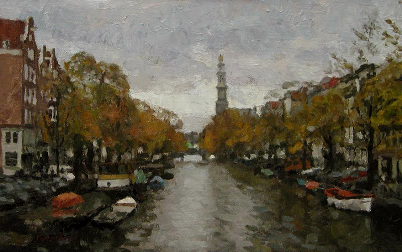 stadsgezicht: 'Herfstpanorama Prinsengracht' olieverf op doek marouflée door kunstschilder Frans Koppelaar.