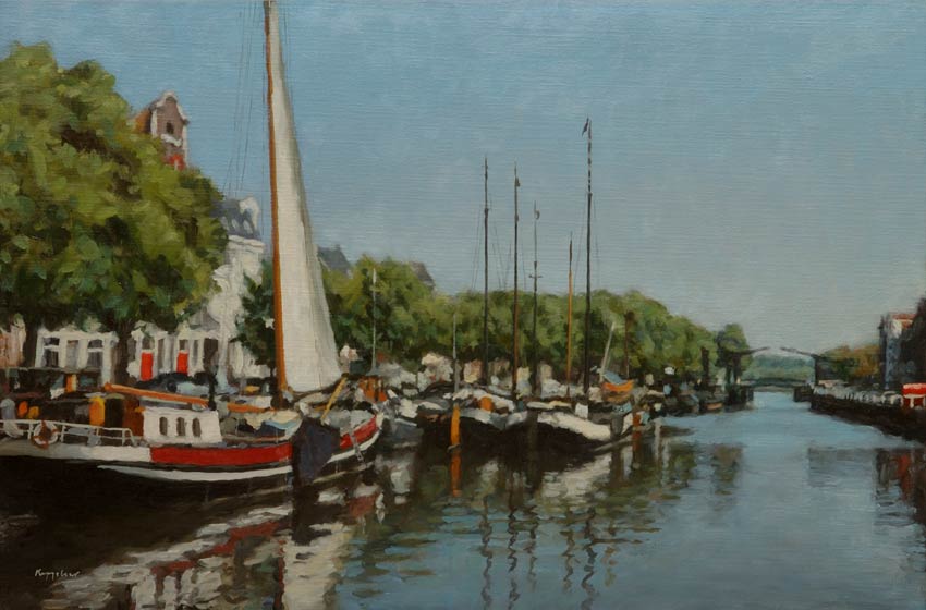 cityscape: 'Harbour At Dordrecht (2)' oil on canvas by Dutch painter Frans Koppelaar.
