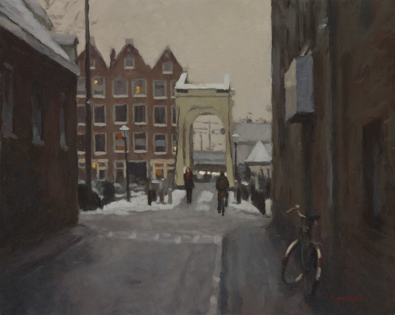 cityscape: 'Wooden drawbridge in Winter' oil on canvas by Dutch painter Frans Koppelaar.