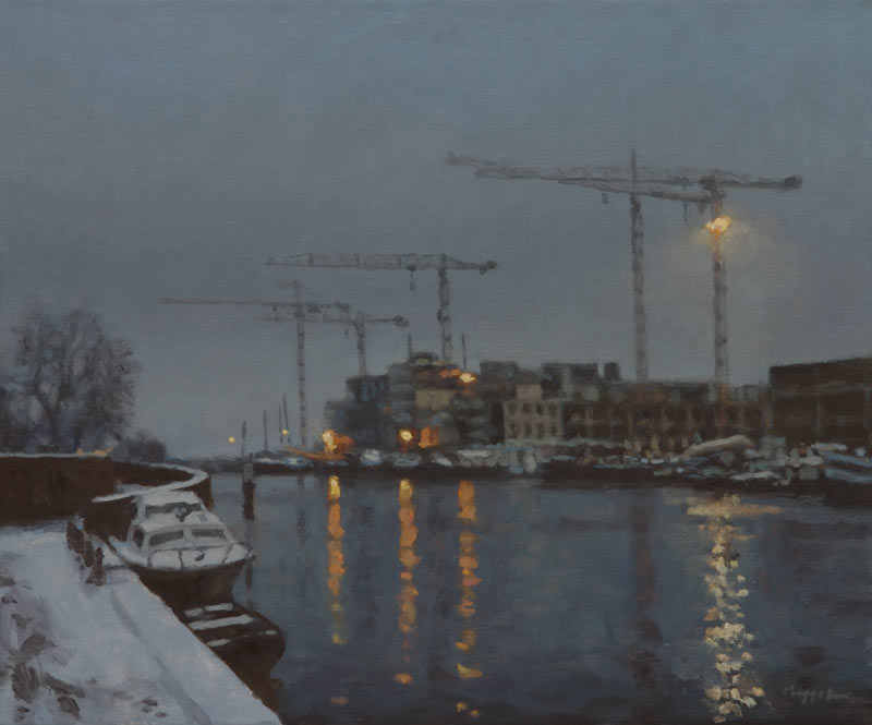 cityscape: 'Westerdok' oil on canvas by Dutch painter Frans Koppelaar.