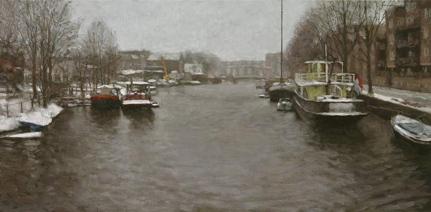 stadsgezicht: 'Realengracht, winter' olieverf op linnen door kunstschilder Frans Koppelaar.