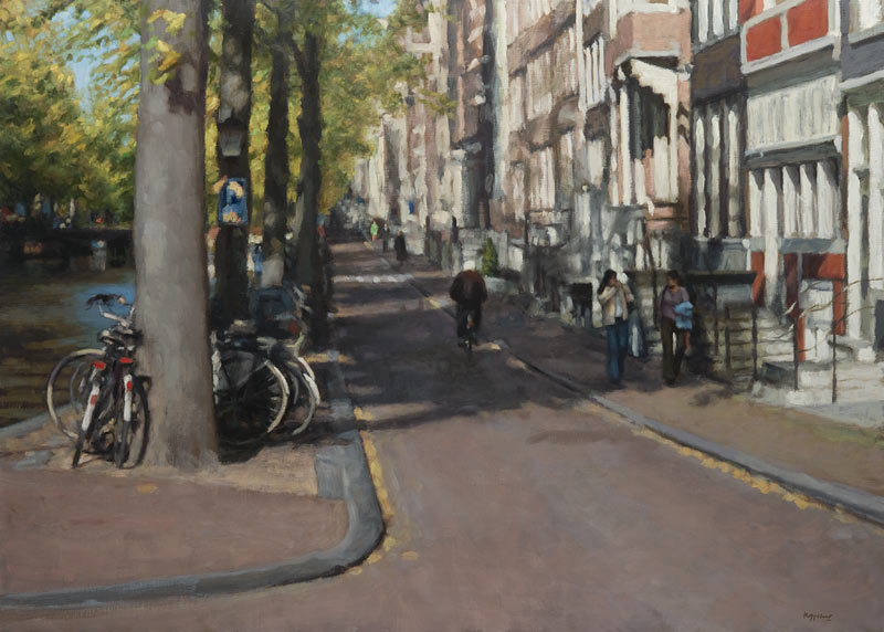 cityscape: 'Herengracht' oil on canvas by Dutch painter Frans Koppelaar.