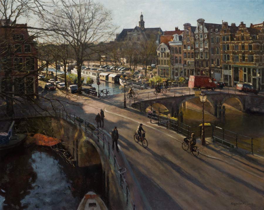 stadsgezicht: 'Twee Bruggen' olieverf op linnen door kunstschilder Frans Koppelaar.