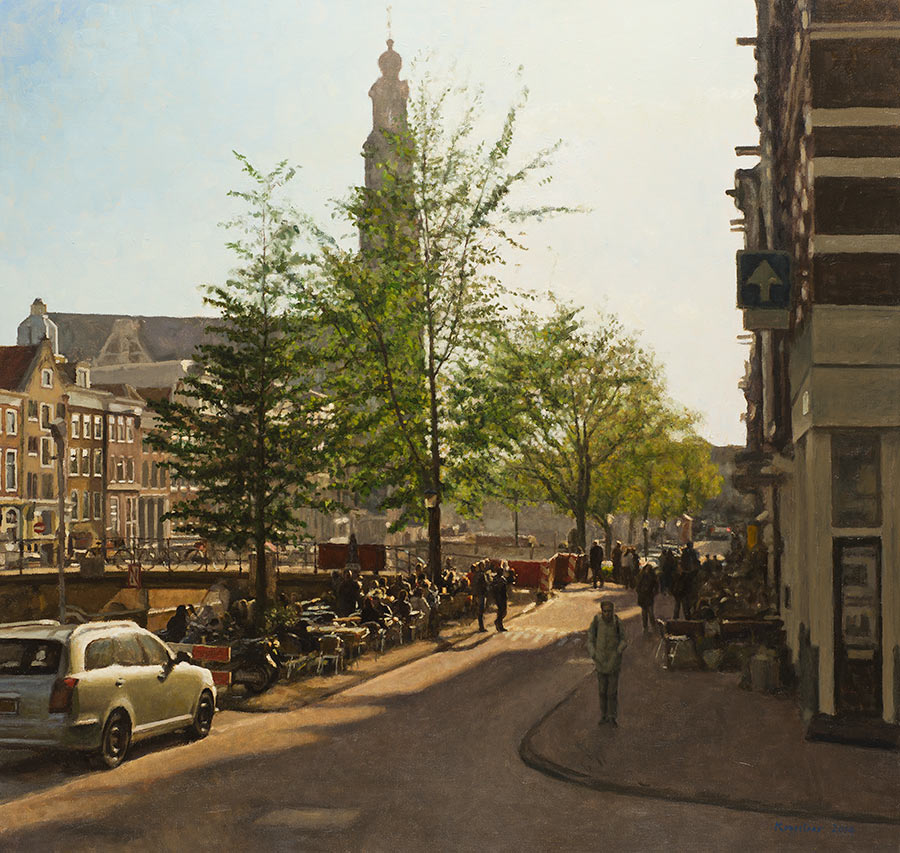 stadsgezicht: 'Prinsengracht' olieverf op linnen door kunstschilder Frans Koppelaar.