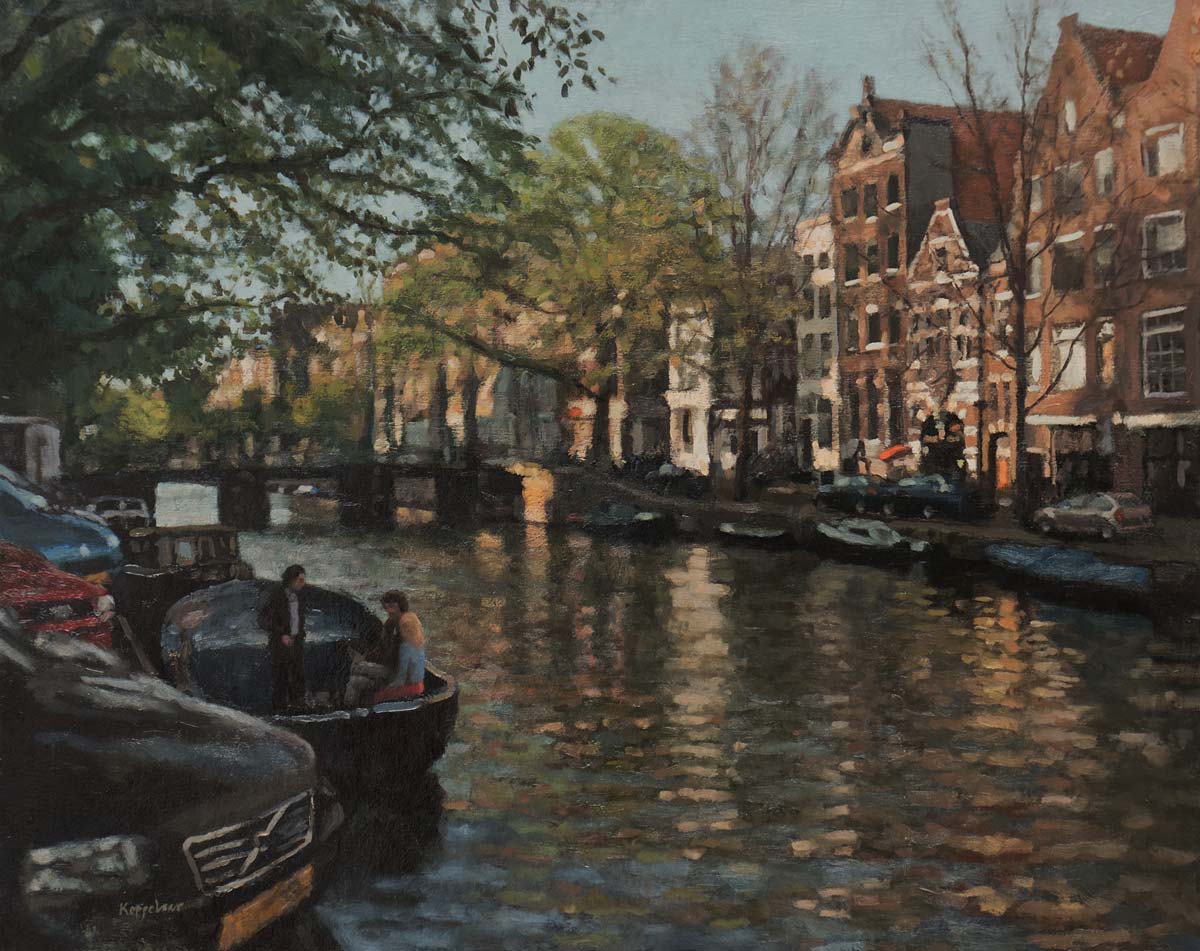 cityscape: 'Magic Hour at Herengracht' oil on canvas by Dutch painter Frans Koppelaar.