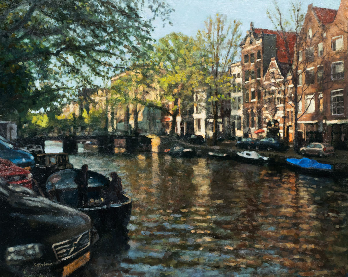 cityscape: 'Magic Hour at Herengracht' oil on canvas by Dutch painter Frans Koppelaar.