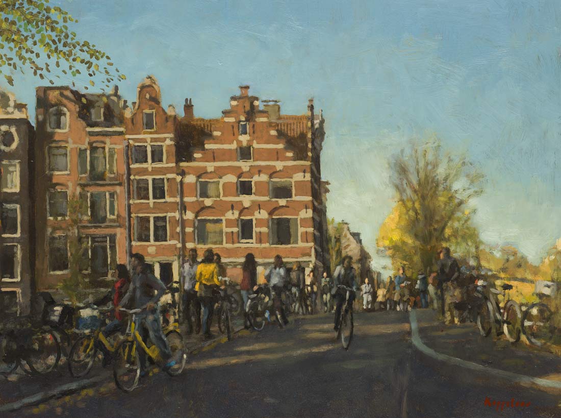stadsgezicht: 'Mensen op een brug' olieverf op paneel door kunstschilder Frans Koppelaar.