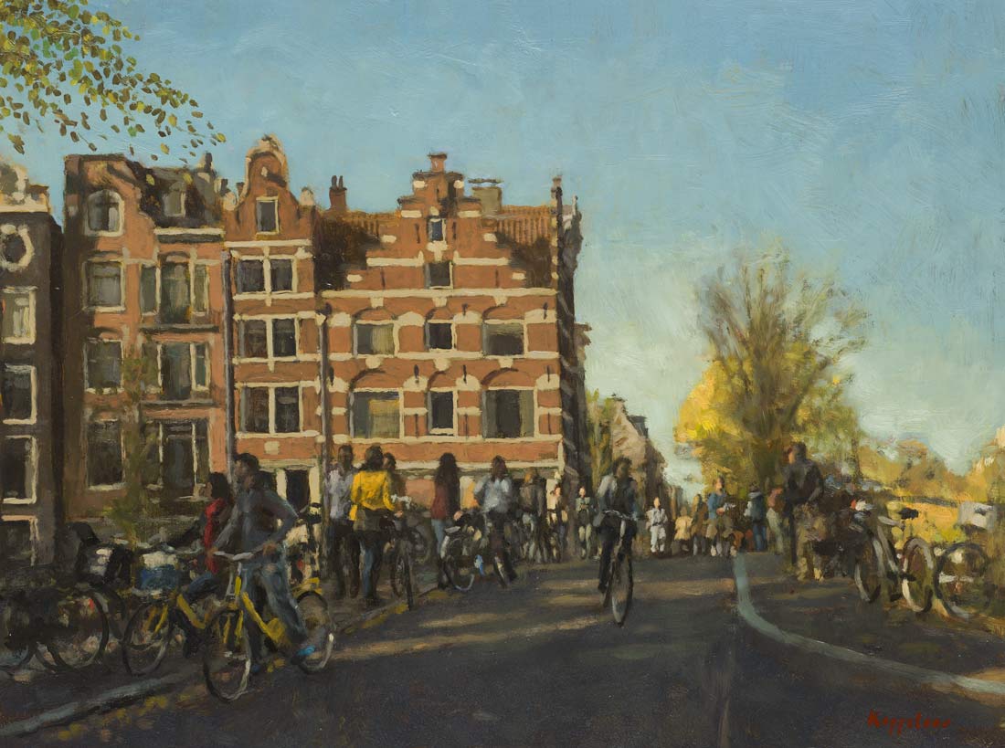 stadsgezicht: 'Mensen op een brug' olieverf op paneel door kunstschilder Frans Koppelaar.