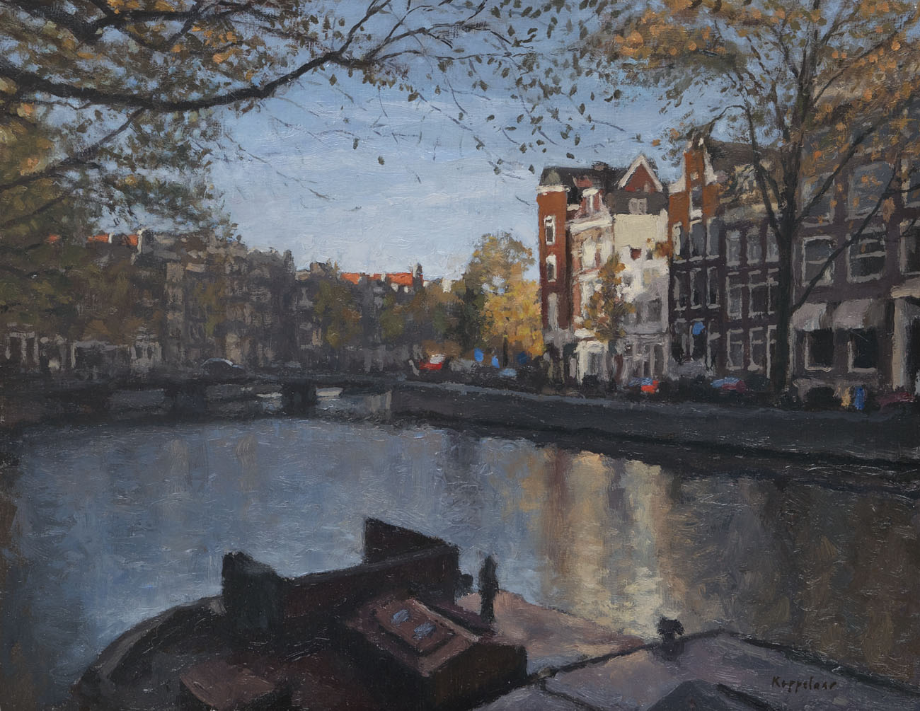 cityscape: 'Late sunlight at Singel' oil on panel by Dutch painter Frans Koppelaar.