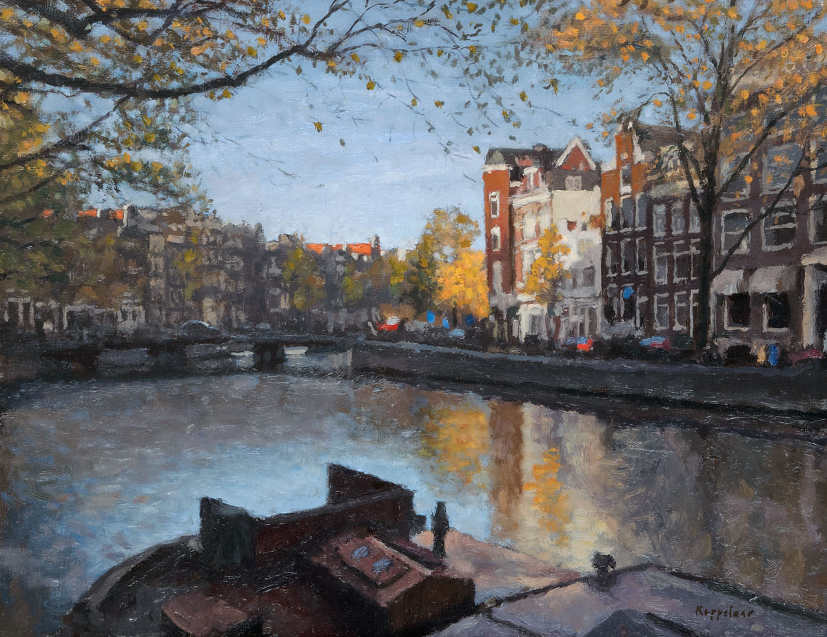 cityscape: 'Late sunlight at Singel' oil on panel by Dutch painter Frans Koppelaar.