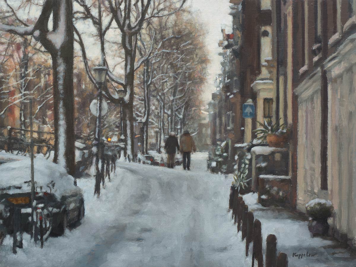 stadsgezicht: 'Wandeling in de Sneeuw' acryl en olieverf op linnen marouflé door kunstschilder Frans Koppelaar.