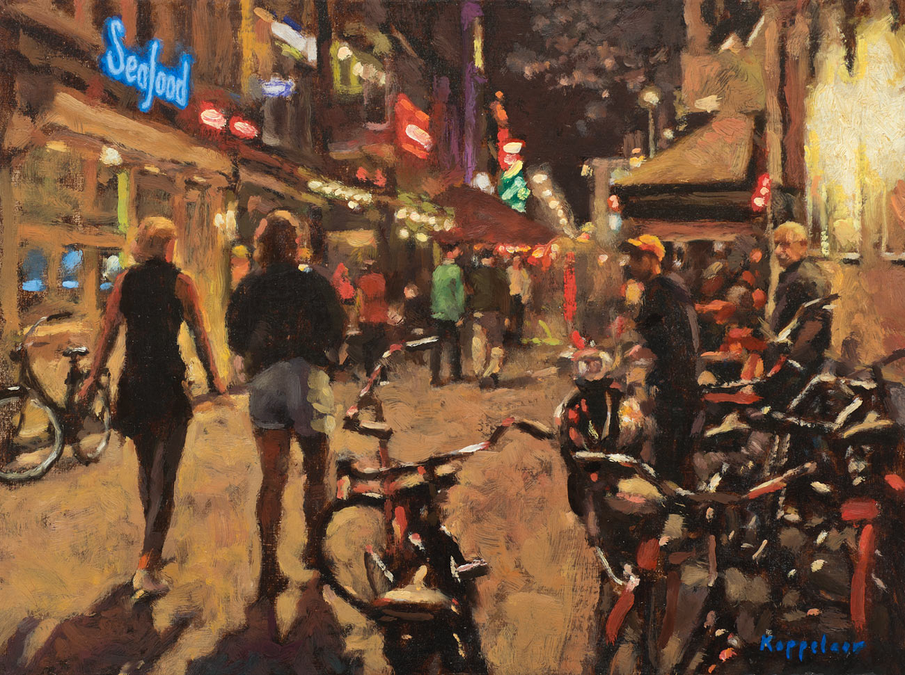 stadsgezicht: 'Korte Leidsedwarsstraat bij Avond' olieverf op paneel door kunstschilder Frans Koppelaar.