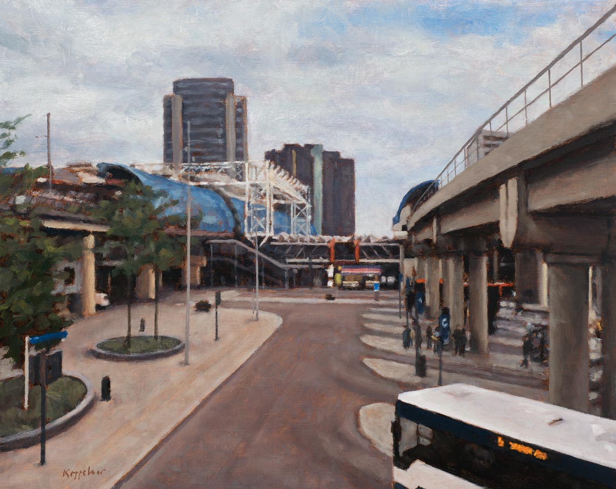 stadsgezicht: 'Station Sloterdijk' tempera en olieverf op linnen door kunstschilder Frans Koppelaar.