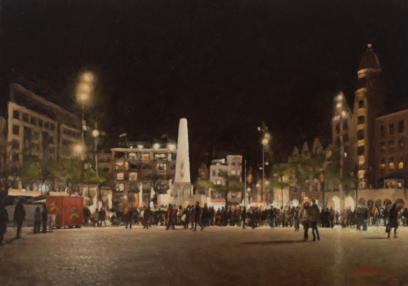 cityscape: 'Dam Square at Night' tempera and oil on linnen by Dutch painter Frans Koppelaar.