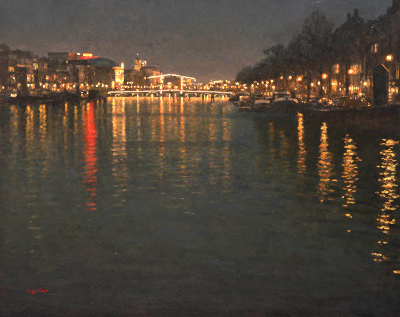 cityscape: 'River Amstel at Night' oil on linnen by Dutch painter Frans Koppelaar.