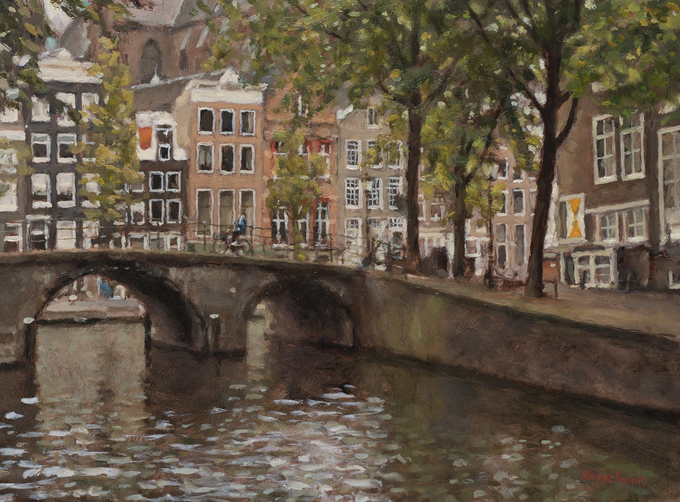 stadsgezicht: 'De 4 Heemskinderensluis (brug 28)' olieverf op linnen door kunstschilder Frans Koppelaar.