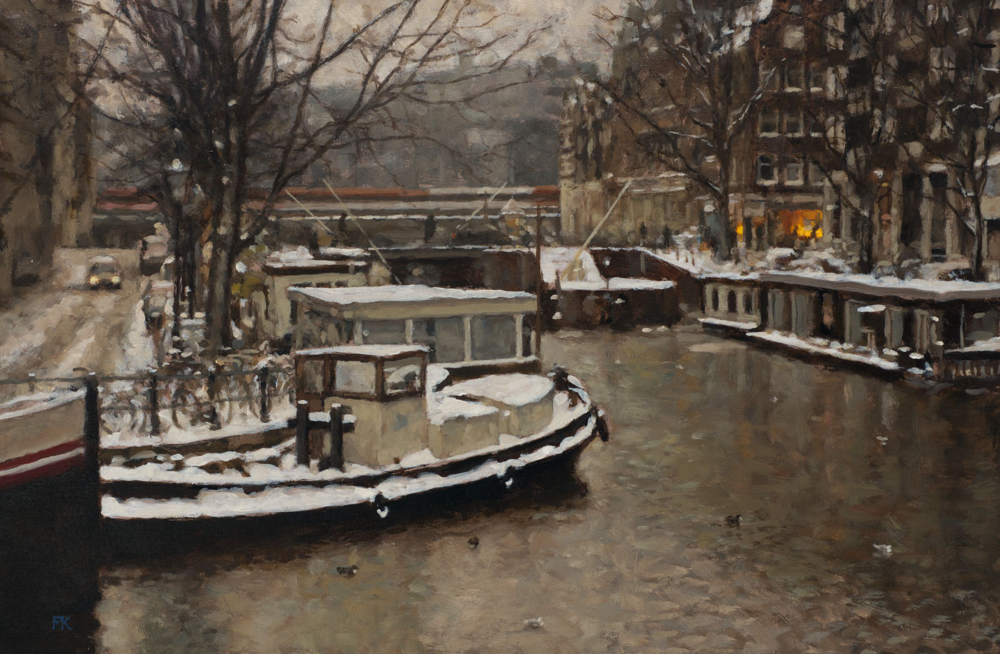 cityscape: 'Winter in Amsterdam' oil on linnen by Dutch painter Frans Koppelaar.