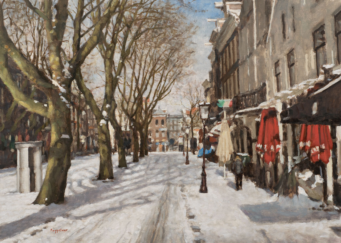 cityscape: 'Thorbeckeplein in Winter' oil on linnen by Dutch painter Frans Koppelaar.