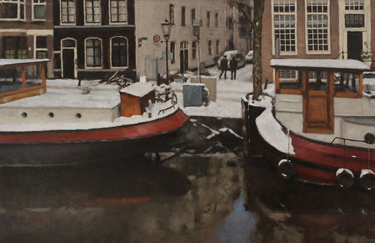 stadsgezicht: 'Raamgracht in de Winter' olieverf op linnen door kunstschilder Frans Koppelaar.