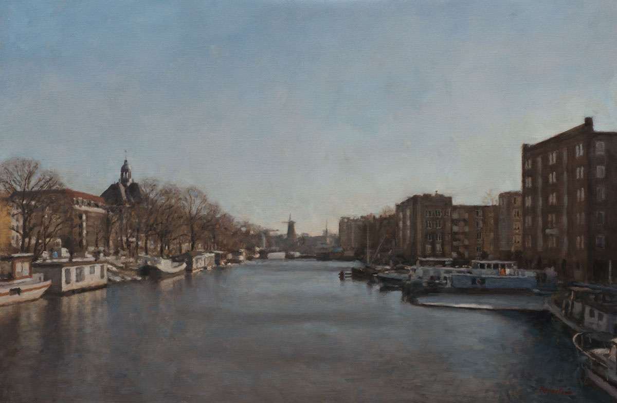 cityscape: 'Nieuwe Vaart in Winter' oil on canvas by Dutch painter Frans Koppelaar.