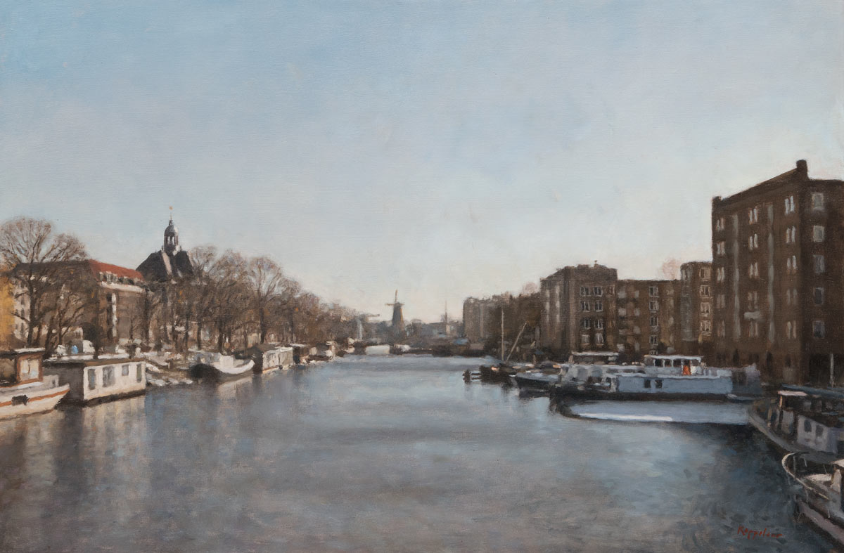 stadsgezicht: 'Nieuwe Vaart in de Winter' olieverf op katoen door kunstschilder Frans Koppelaar.