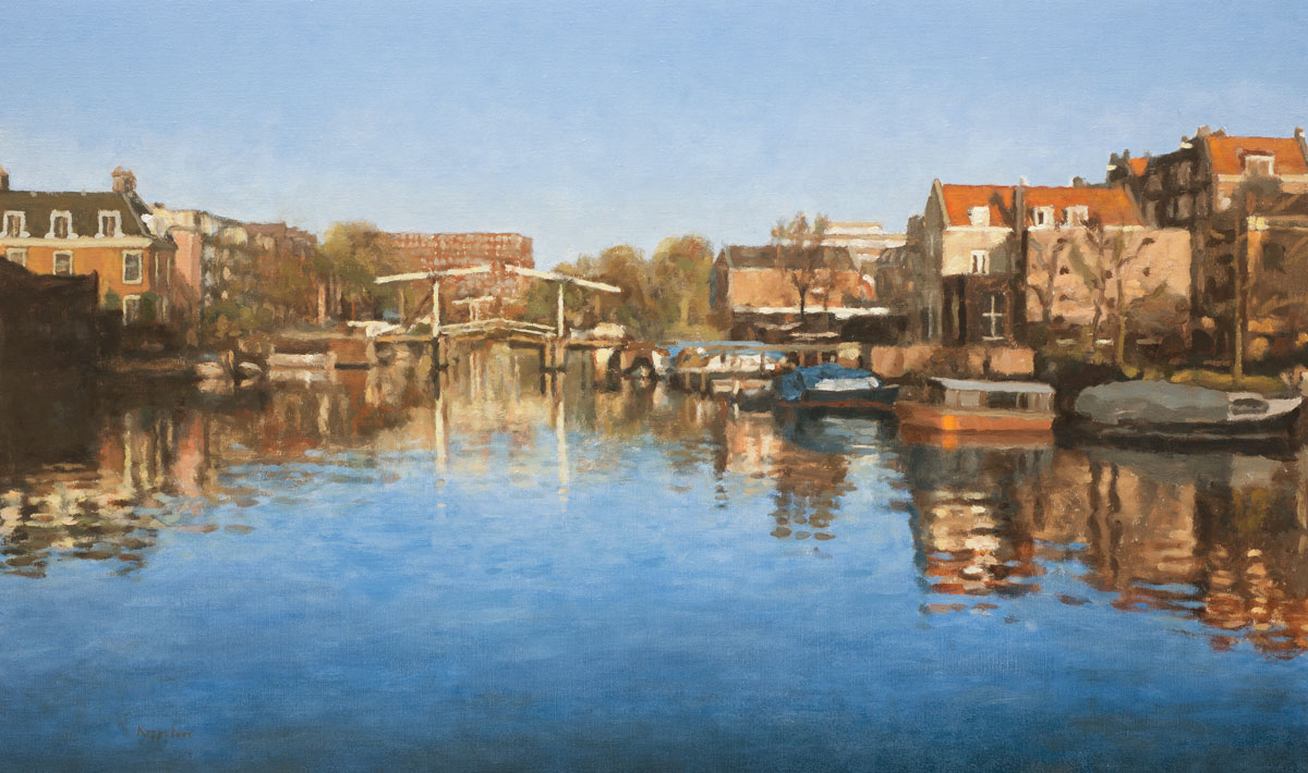 cityscape: 'Realengracht, spring' oil on canvas by Dutch painter Frans Koppelaar.