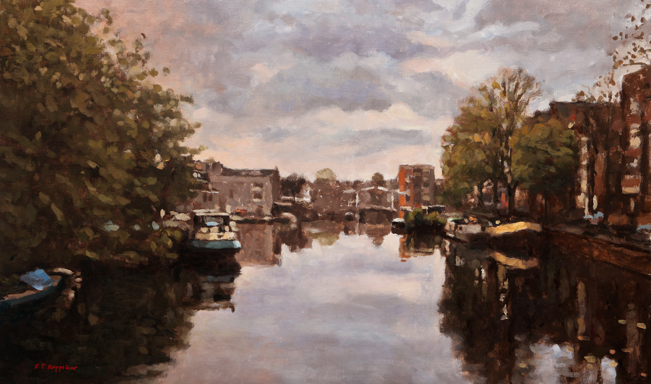 stadsgezicht: 'Realengracht in de ochtend' olieverf op linnen door kunstschilder Frans Koppelaar.