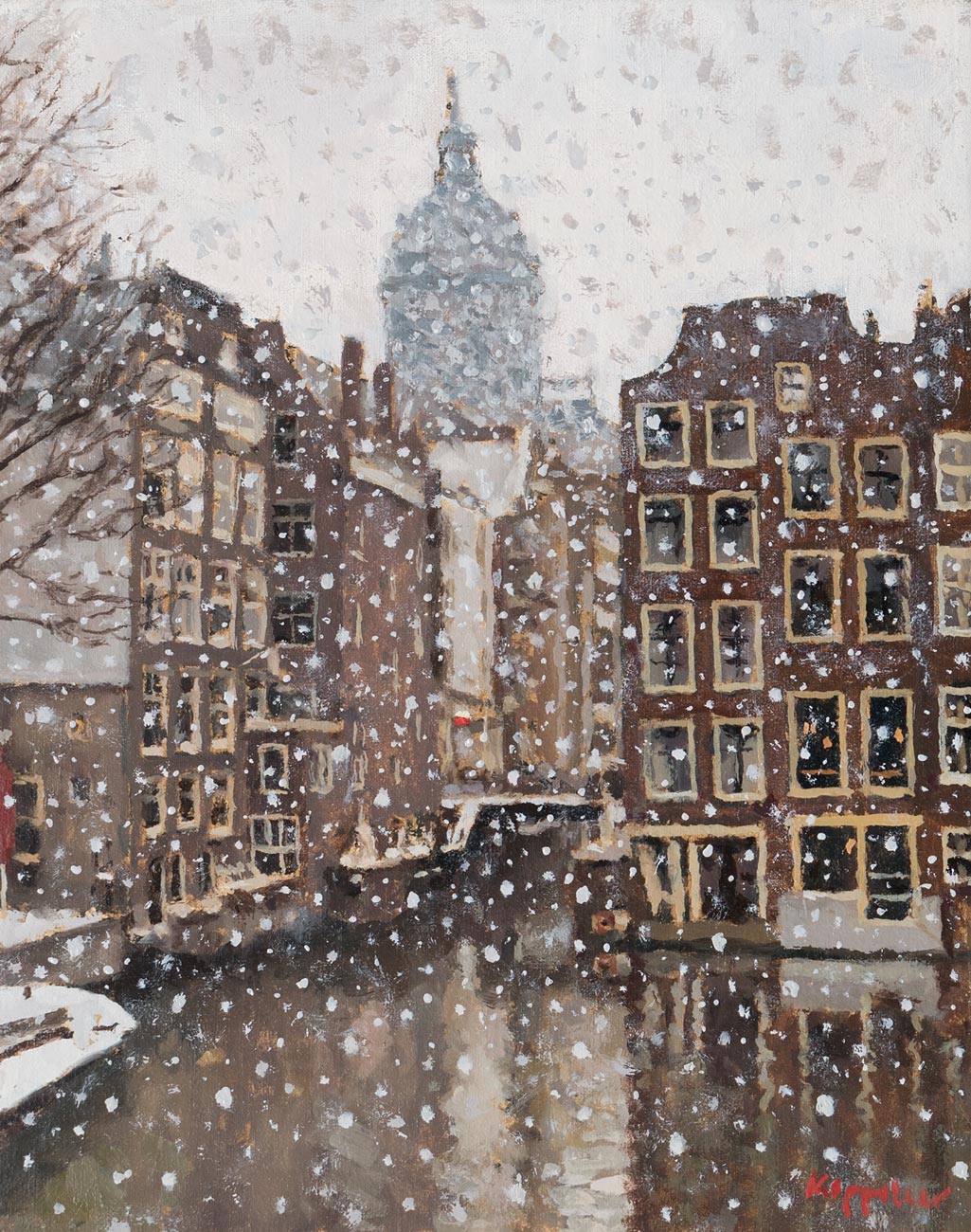 cityscape: 'Het Kolkje with snow' oil on canvas by Dutch painter Frans Koppelaar.