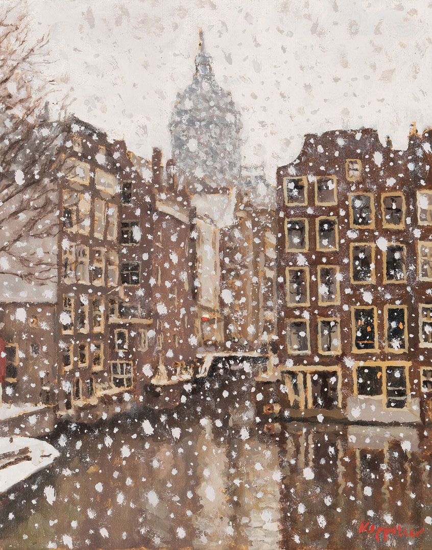 cityscape: 'Het Kolkje with snow' oil on canvas by Dutch painter Frans Koppelaar.