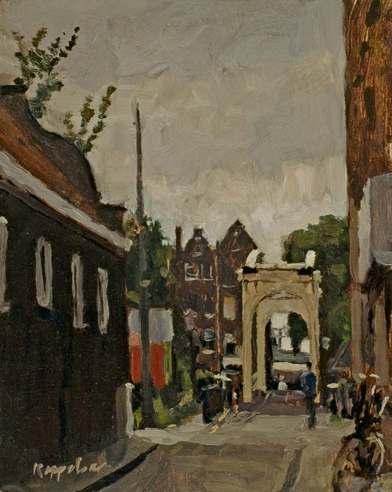 stadsgezicht: 'Sloterdijksbrug' olieverf op paneel door kunstschilder Frans Koppelaar.