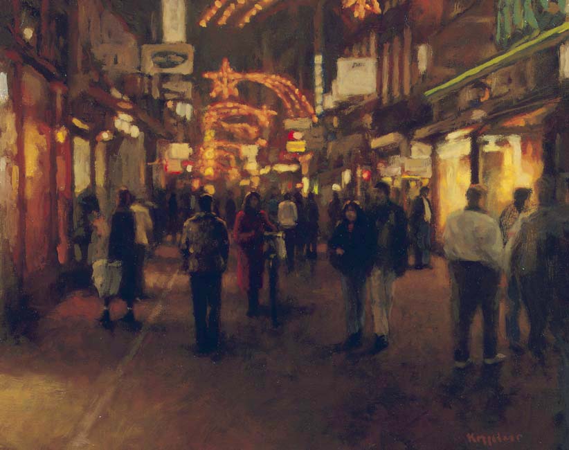 stadsgezicht: 'Kalverstraat bij Avond' olieverf op linnen door kunstschilder Frans Koppelaar.